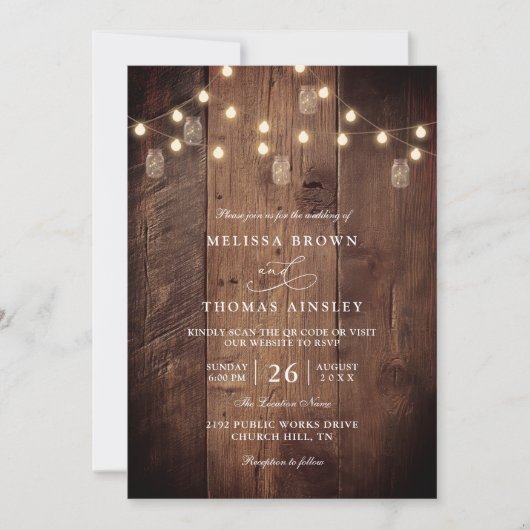 Rustic Barn Wood String Lights QR Code Wedding 招待状 (正面)