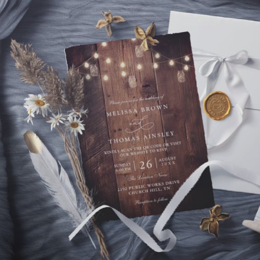 Rustic Barn Wood String Lights QR Code Wedding 招待状