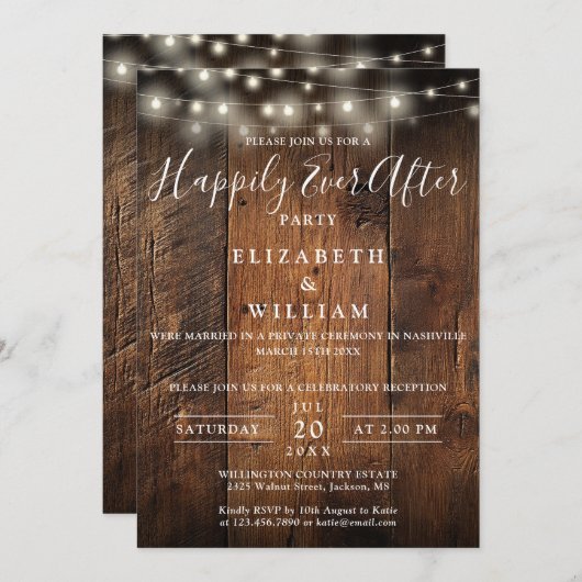 Rustic Barn Wood String Lights Wedding Reception 招待状 (正面/裏面)