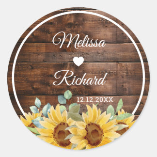 Rustic Barn Wood Sunflower Country Wedding Favor ラウンドシール