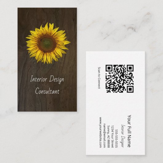 Rustic Barn Wood Sunflower Designer QR code  名刺 (正面/裏面)
