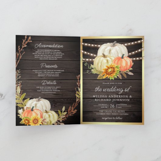 Rustic Barn Wood Sunflower Pumpkin QR Code Wedding 招待状 (内部)