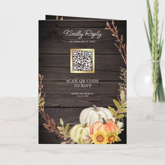 Rustic Barn Wood Sunflower Pumpkin QR Code Wedding 招待状 (裏面)