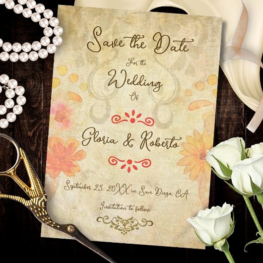 Rustic Baroque Floral Sacred Heart Mexican Wedding セーブザデート