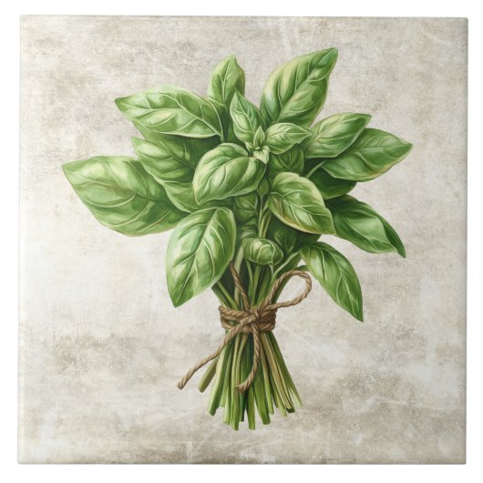 Rustic Basil Herb Faux Ceramic Tile タイル (正面)