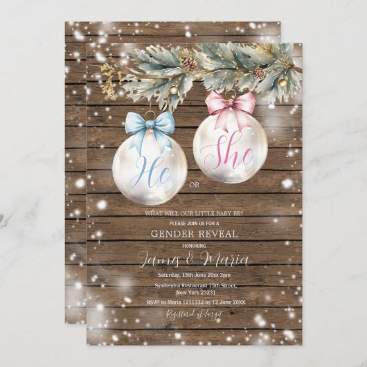 Rustic Bauble Blue Pink Christmas Gender Reveal 招待状 (正面/裏面)