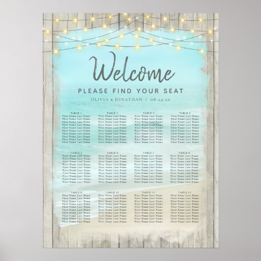 Rustic Beach String Lights Wedding Seating Chart ポスター (正面)