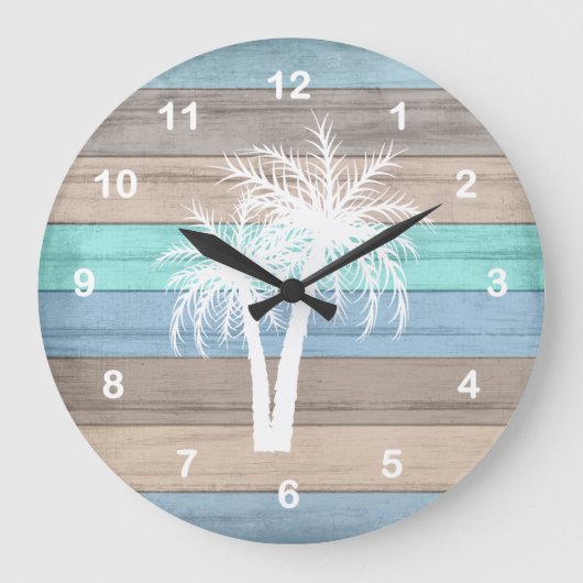 Rustic Beach Wood Nautical and White Palm Trees ラージ壁時計 (正面)