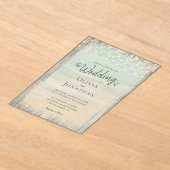 Rustic Beach Wood String Lights Waves Wedding アクリル招待状 (レイダウン)