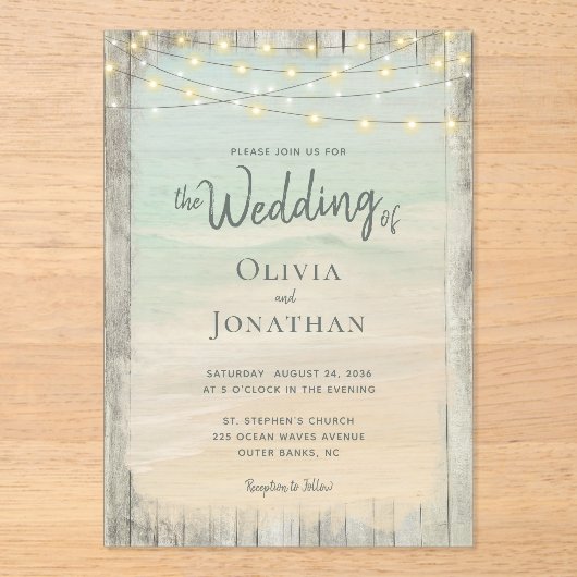 Rustic Beach Wood String Lights Waves Wedding アクリル招待状 (正面)