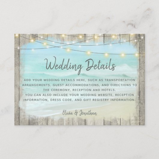 Rustic Beach Wood String Lights Wedding Details エンクロージャーカード (正面)