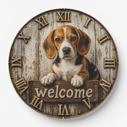 Rustic Beagle Welcome Farmhouse ペーパープレート (正面)