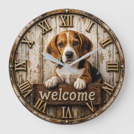 Rustic Beagle Welcome Farmhouse ラージ壁時計