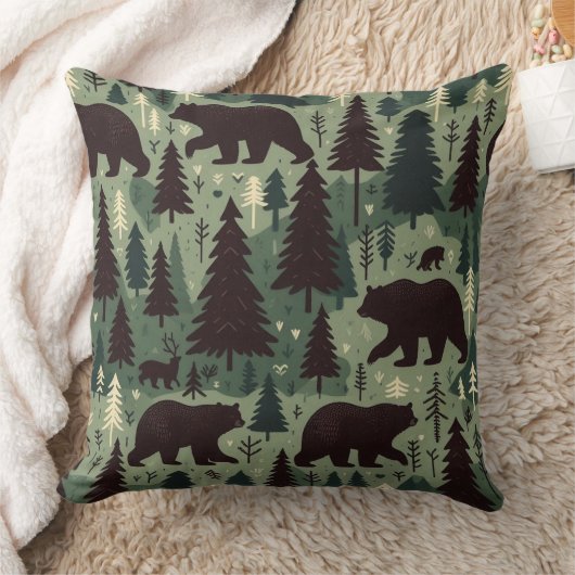 Rustic Bear and Forest Scene クッション (ブランケット)