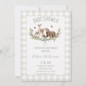 Rustic Beige Gingham Woodland Baby Shower 招待状 (正面)