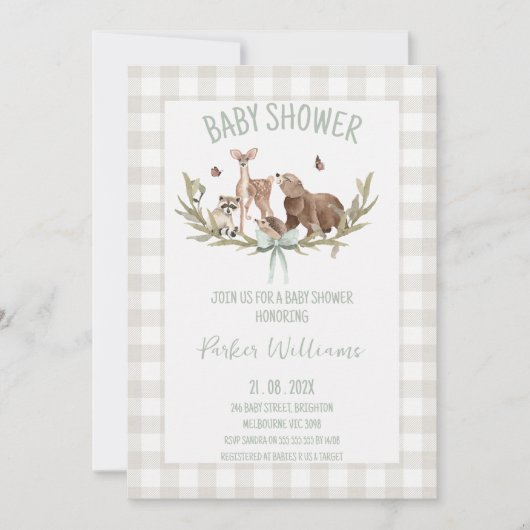 Rustic Beige Gingham Woodland Baby Shower 招待状 (正面)
