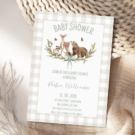 Rustic Beige Gingham Woodland Baby Shower 招待状