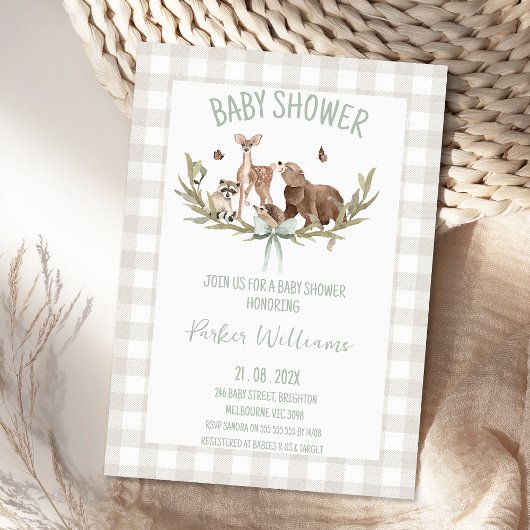Rustic Beige Gingham Woodland Baby Shower 招待状