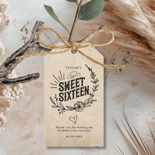 Rustic Beige Western Floral Sweet Sixteen Birthday ギフトタグ