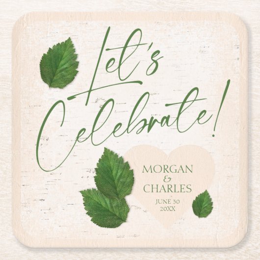 Rustic Birch Bark Carved Heart with Leaves スクエアペーパーコースター (正面)