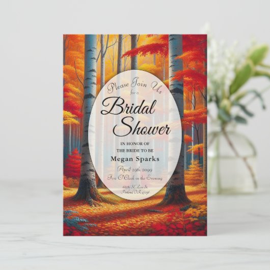 Rustic Birch Tree Fall Forest Bridal Shower 招待状 (スタンド正面)