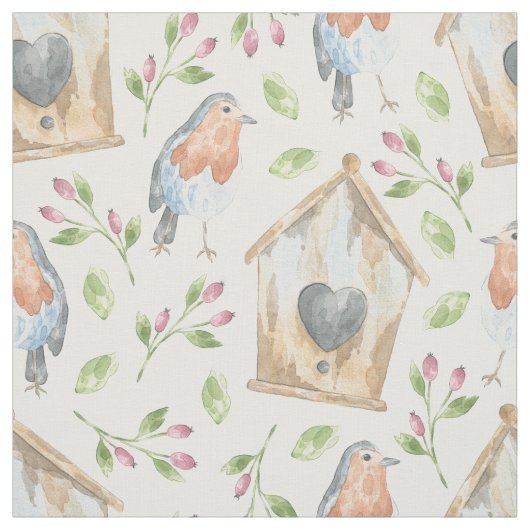 Rustic Birdhouse Robin Watercolor Pattern ファブリック (見本)