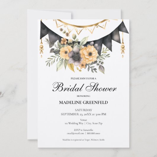 Rustic Black and Peach Floral Bridal Shower 招待状 (正面)