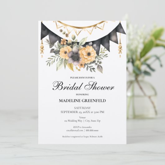 Rustic Black and Peach Floral Bridal Shower 招待状 (スタンド正面)