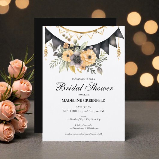 Rustic Black and Peach Floral Bridal Shower 招待状