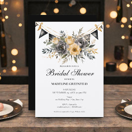 Rustic Black and Peach Floral Bridal Shower 招待状
