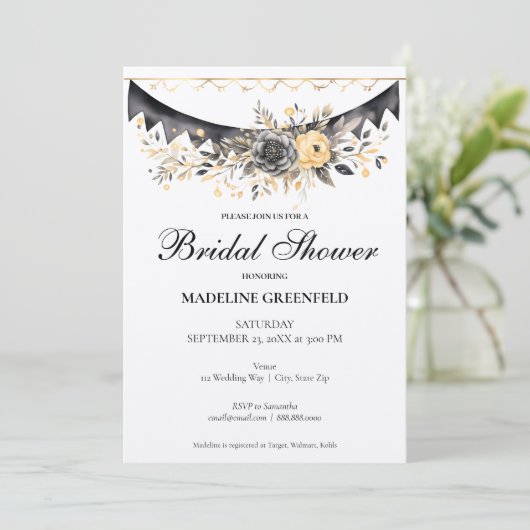 Rustic Black and Peach Floral Bridal Shower 招待状 (スタンド正面)