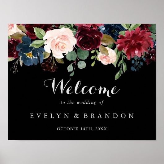 Rustic Black Botanical Wedding Welcome Sign ポスター (正面)