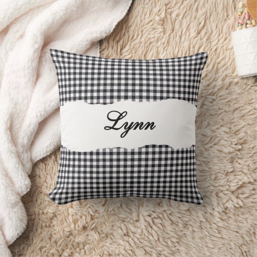 Rustic Black Gingham Personalized Name クッション (ブランケット)