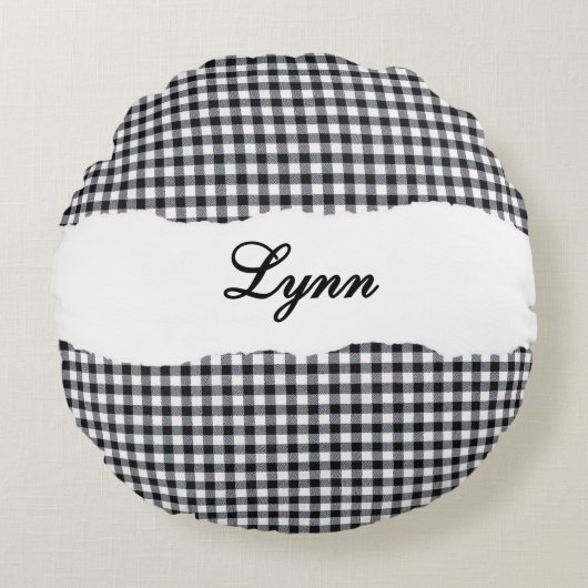 Rustic Black Gingham Personalized Name ラウンドクッション (正面)