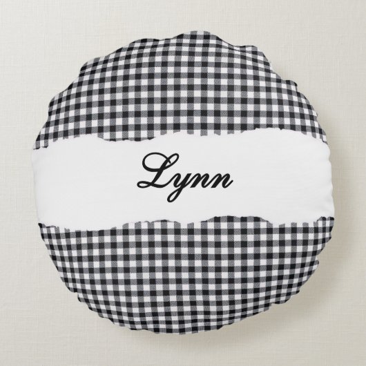 Rustic Black Gingham Personalized Name ラウンドクッション (裏面)