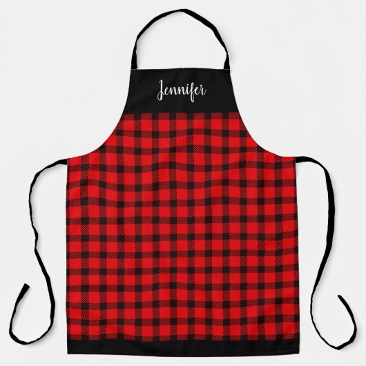 Rustic black red buffalo plaid monogram name エプロン (正面)