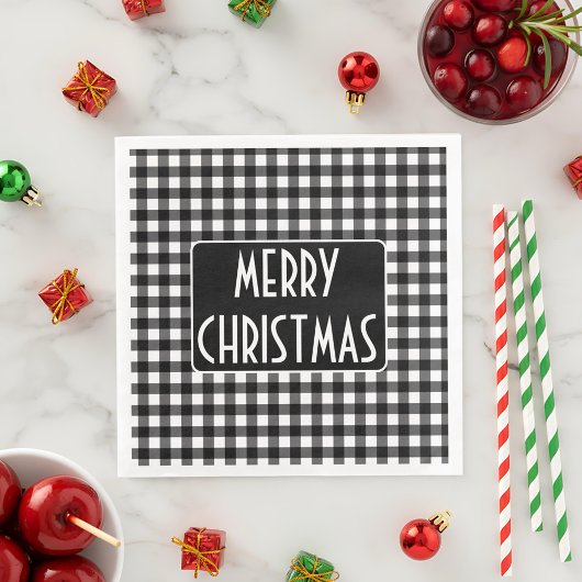 Rustic Black & White Buffalo Plaid Merry Christmas