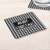 Rustic Black & White Buffalo Plaid Merry Christmas スクエアペーパーコースター (アングル)