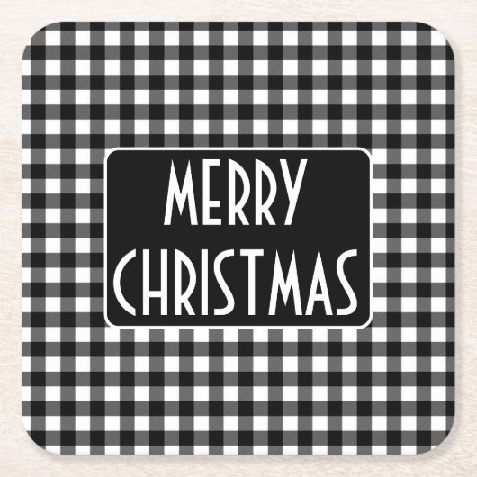 Rustic Black & White Buffalo Plaid Merry Christmas スクエアペーパーコースター (正面)