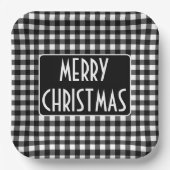 Rustic Black & White Buffalo Plaid Merry Christmas ペーパープレート (正面)