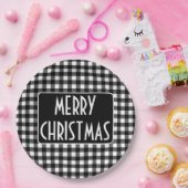 Rustic Black & White Buffalo Plaid Merry Christmas ペーパープレート (パーティー)
