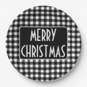 Rustic Black & White Buffalo Plaid Merry Christmas ペーパープレート (正面)