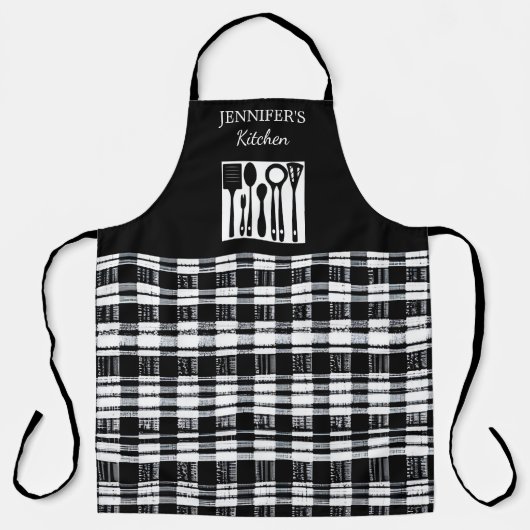 Rustic black white plaid monogram name kitchen エプロン (正面)