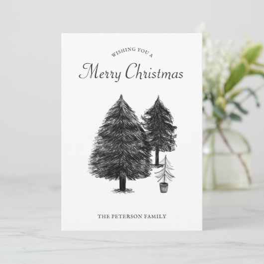 Rustic Black & White Tree Drawing Merry Christmas シーズンカード (スタンド正面)