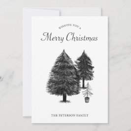 Rustic Black & White Tree Drawing Merry Christmas シーズンカード