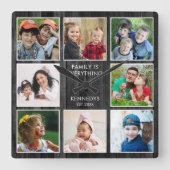 Rustic Black Wood 8 Photo Collage Family Quote  スクエア壁時計 (正面)