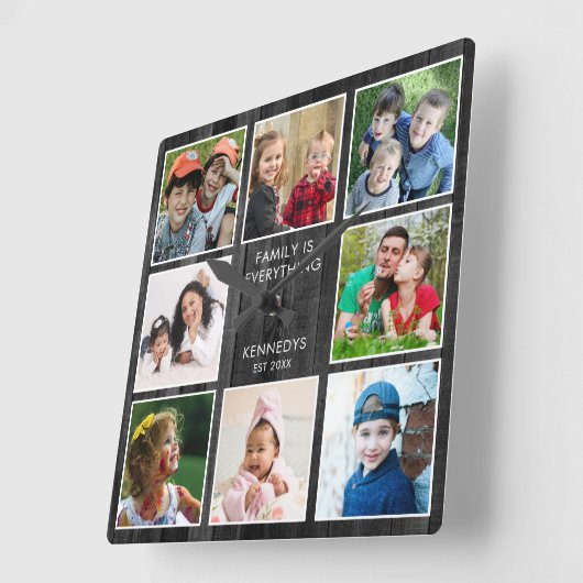 Rustic Black Wood 8 Photo Collage Family Quote  スクエア壁時計 (傾斜)