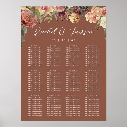 Rustic Bloom Floral Wedding Seating Chart ポスター (正面)
