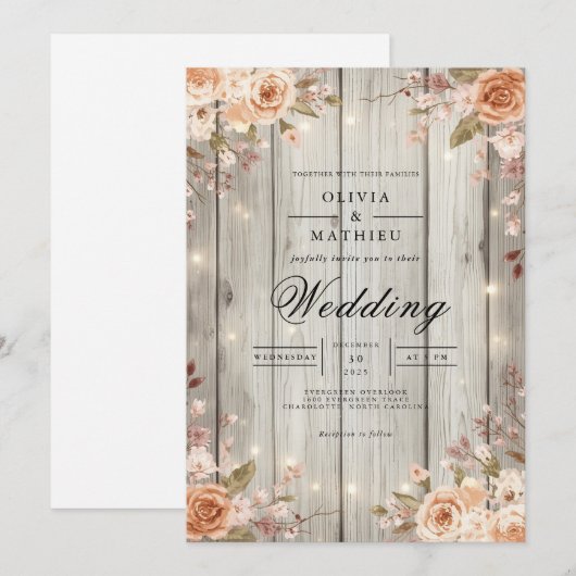 Rustic Blossom String Lights Wedding 招待状 (正面/裏面)