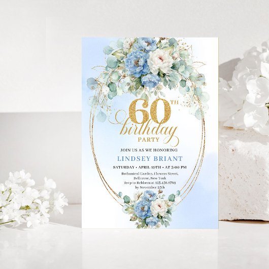Rustic Blue and Gold 60th Birthday Invitation 招待状